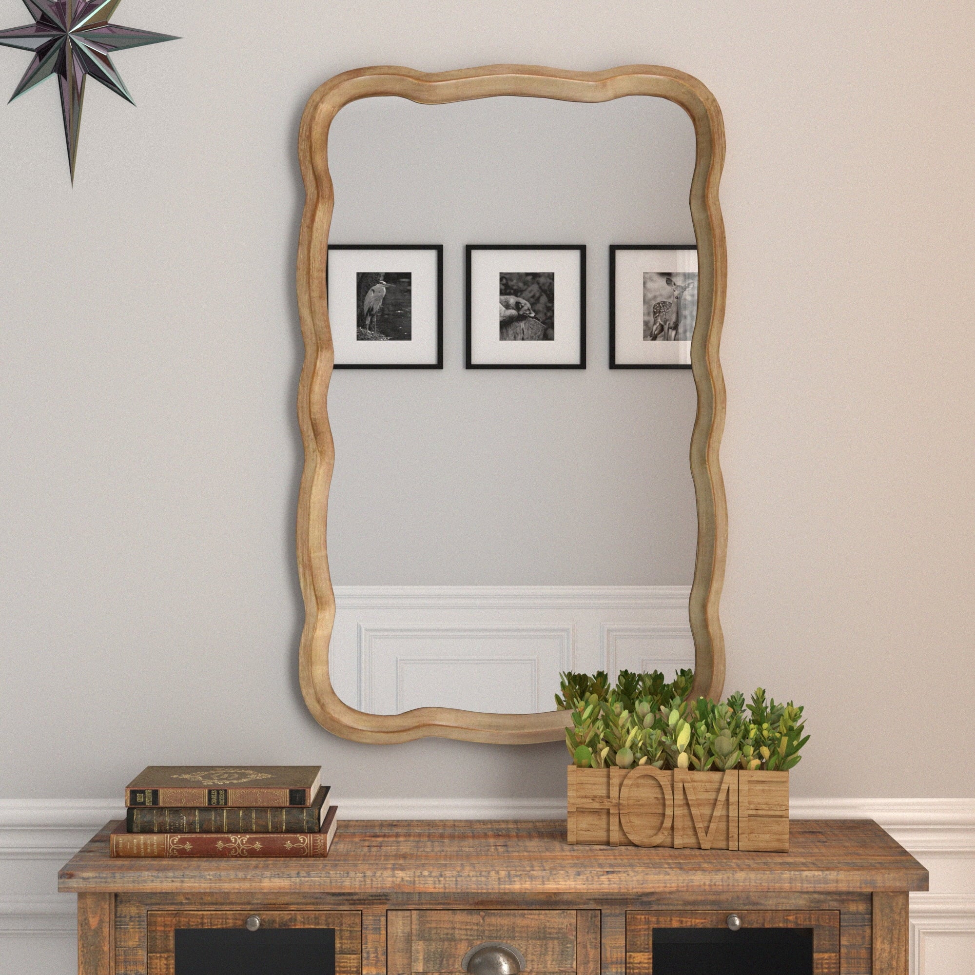 Curved Wood Frame Accent Mirror, Farmhouse French Country Wall Mirror, Rectangle 23.5" x 38" D47892