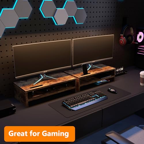 Wood Monitor Stand for Desk with Phone Slot and Storage Shelves Y759