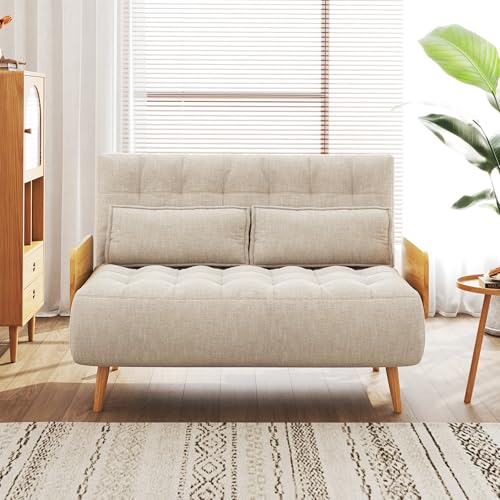 Convertible Chair Bed Sleeper for Adults, Linen with Wooden Arms & Pillows, Foldable Single Futon Sofa Bed Q683821