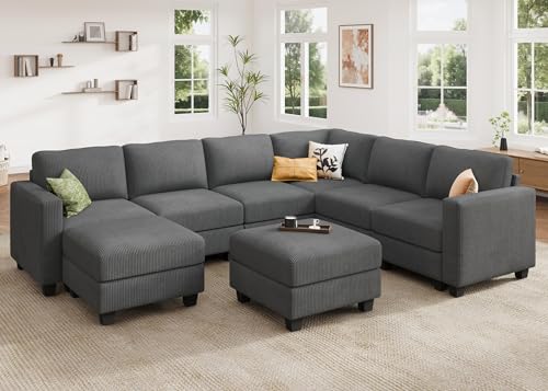 Corduroy Modular Sectional Couch with Storage, L-Shaped, 6 Seater, Dark Gray X823135