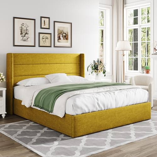 Full Size Lift Up Storage Bed with Wingback Headboard, Hydraulic Support, Light Beige P736605