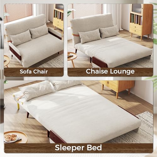 Convertible Chair Bed Sleeper for Adults, Linen with Wooden Arms & Pillows, Foldable Single Futon Sofa Bed Q683821