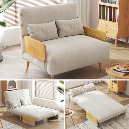 Convertible Chair Bed Sleeper for Adults, Linen with Wooden Arms & Pillows, Foldable Single Futon Sofa Bed Q683821