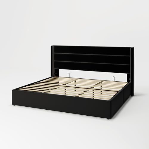 Full Size Lift Up Storage Bed with Wingback Headboard, Hydraulic Support, Light Beige P736605