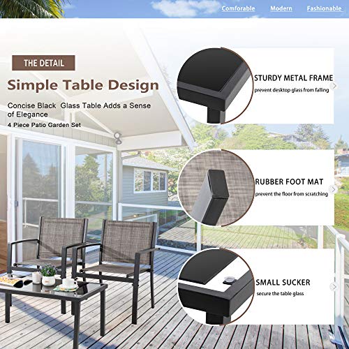 Patio Furniture Set with Glass Coffee Table, 4 Pieces, Black Q940