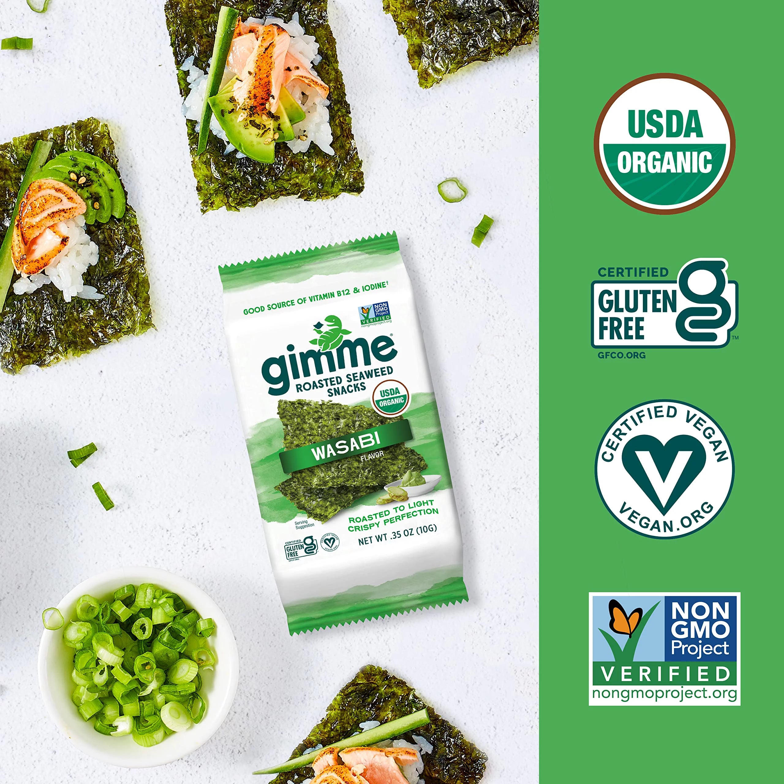 Organic Roasted Seaweed Sheets, Wasabi, 12 Count, Keto Snack F87924
