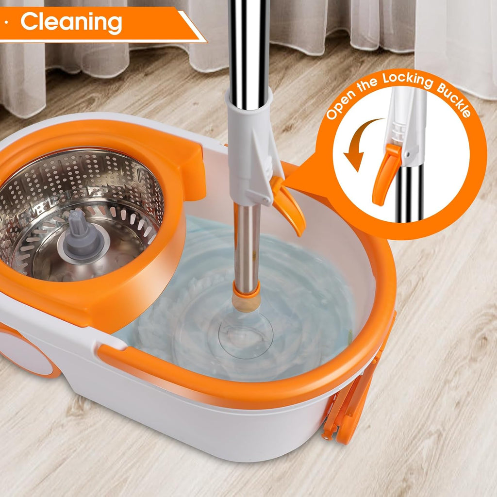 Spin Mop and Bucket with Wringer, Adjustable Handle, Stainless Steel Bucket with Wheels, 6 Microfiber Pads W465680