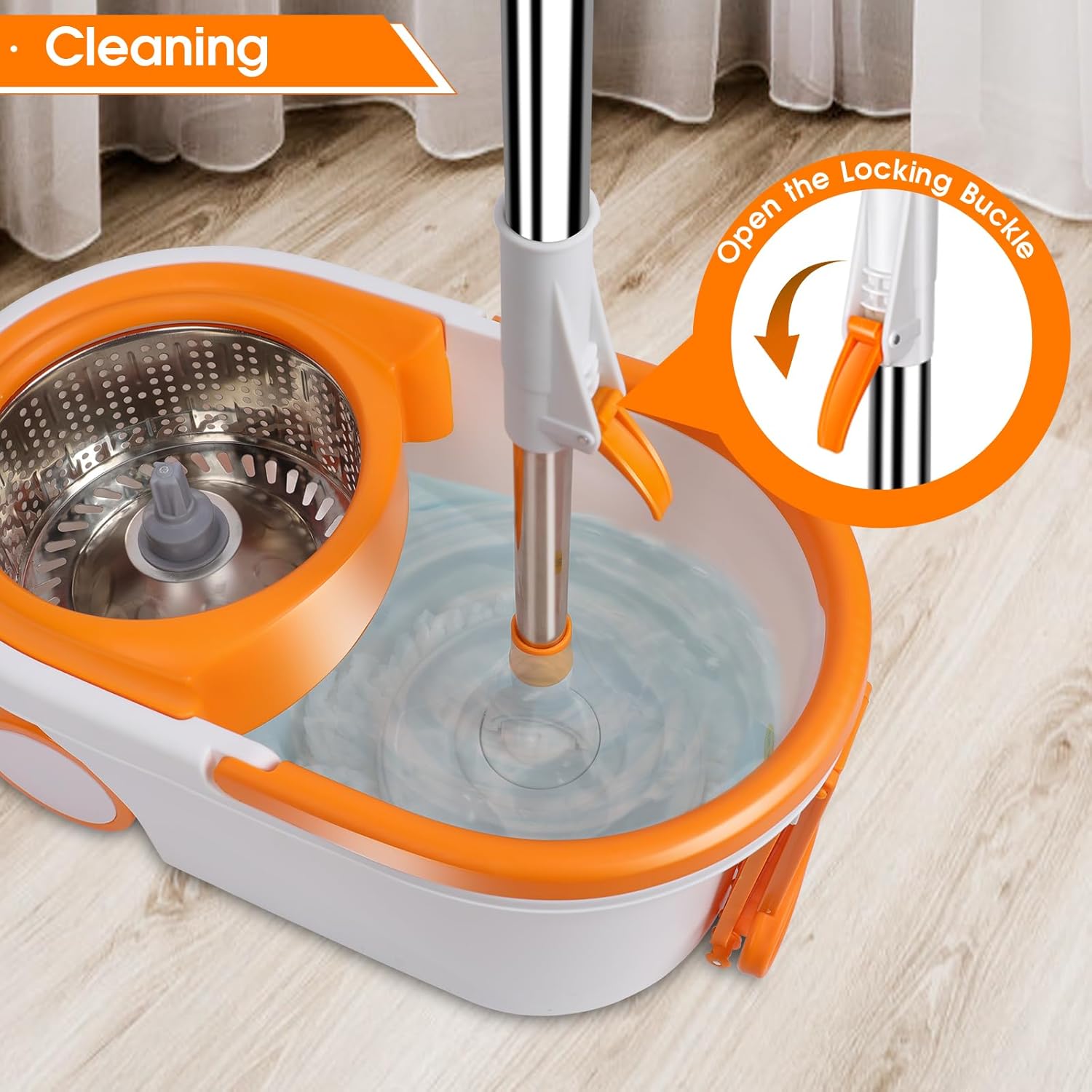 Spin Mop and Bucket with Wringer, Adjustable Handle, Stainless Steel Bucket with Wheels, 6 Microfiber Pads W465680