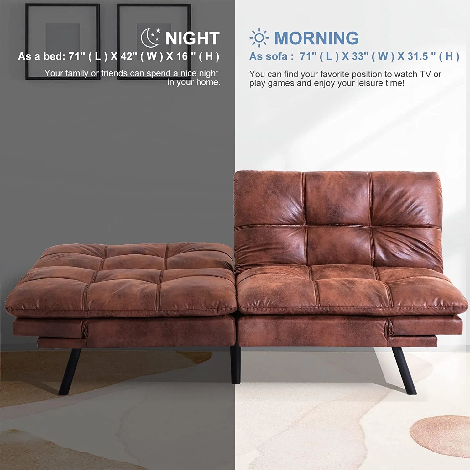 Futon Sofa Bed Memory Foam Convertible Couch with Adjustable Armrests O625