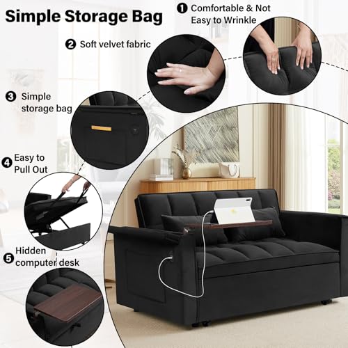 Convertible Sofa Bed, 3 in 1 Velvet Sleeper with Adjustable Backrest, Gray K13376