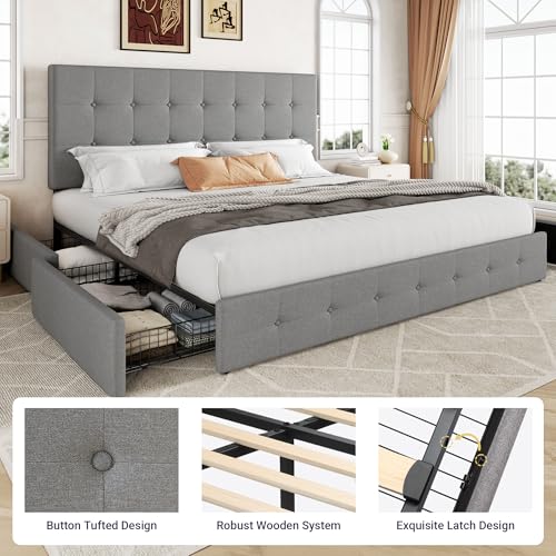 Upholstered Queen Platform Bed Frame with 4 Storage Drawers and Headboard G724955