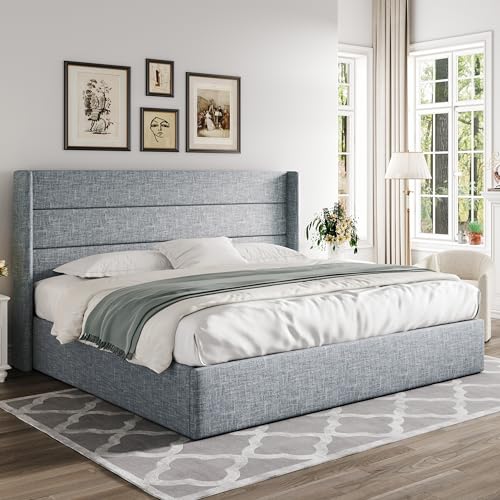 Full Size Lift Up Storage Bed with Wingback Headboard, Hydraulic Support, Light Beige P736605