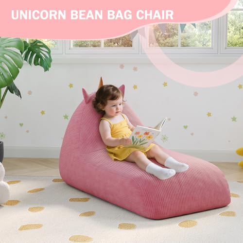 Unicorn Bean Bag Chair for Kids with Filler, Corduroy Floor Lounger, Pink W9694