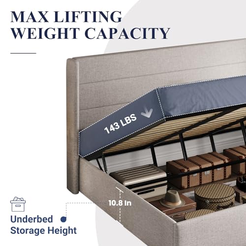 Full Size Lift Up Storage Bed with Wingback Headboard, Hydraulic Support, Light Beige P736605