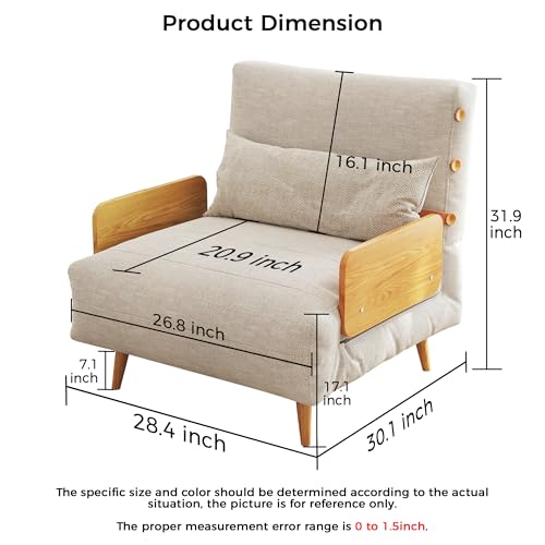 Convertible Chair Bed Sleeper for Adults, Linen with Wooden Arms & Pillows, Foldable Single Futon Sofa Bed Q683821