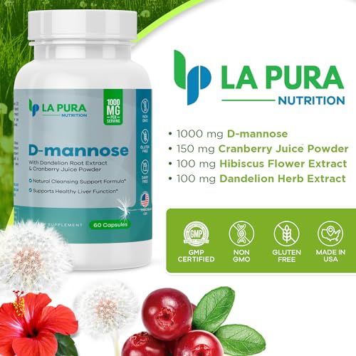 D-Mannose 1000 mg Supplement with Cranberry, Hibiscus & Dandelion, 60 Capsules I74291