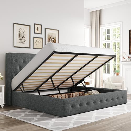 Full Size Lift Up Storage Bed with Wingback Headboard, Hydraulic Support, Light Beige P736605