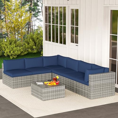 Outdoor Patio Furniture Set with Glass Tea Table, PE Rattan Wicker, Washable Cushions, Grey K8525