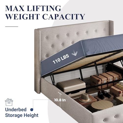 Full Size Lift Up Storage Bed with Wingback Headboard, Hydraulic Support, Light Beige P736605