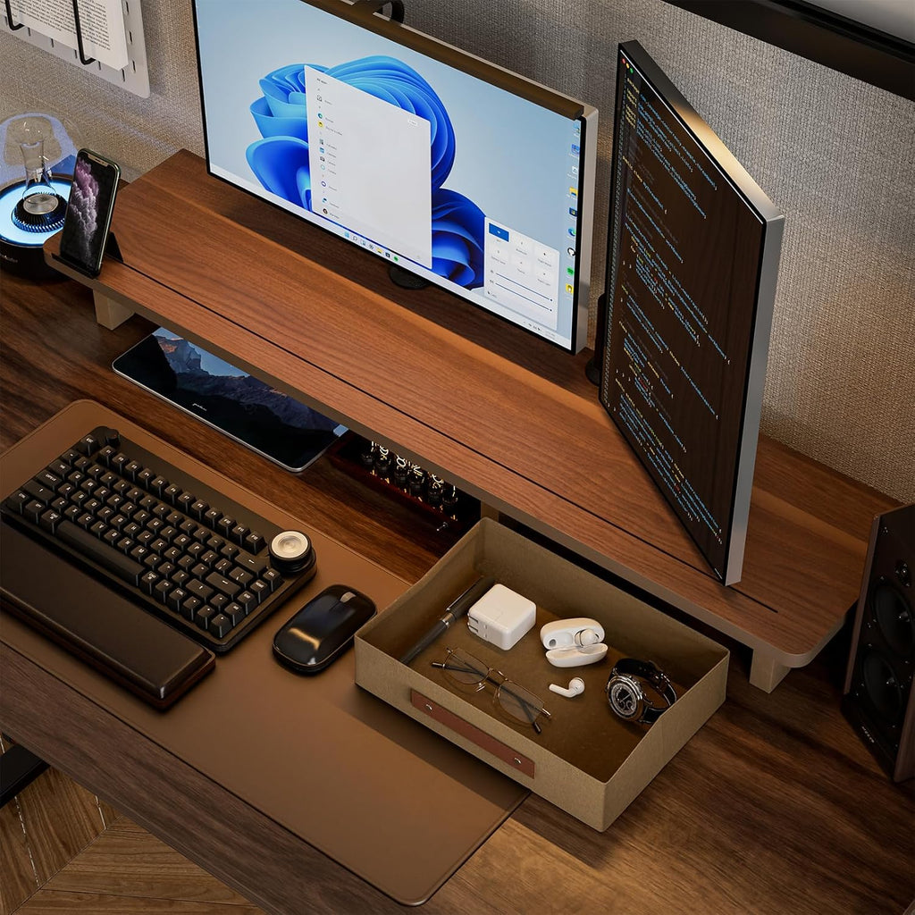 Dual Monitor Riser with Drawers, Sturdy Wood Stand for 2 Monitors N801679