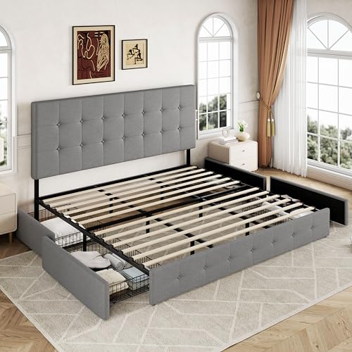 Upholstered Queen Platform Bed Frame with 4 Storage Drawers and Headboard G724955