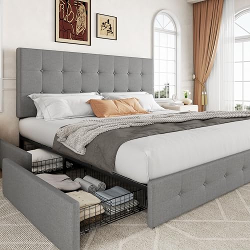 Upholstered Queen Platform Bed Frame with 4 Storage Drawers and Headboard G724955