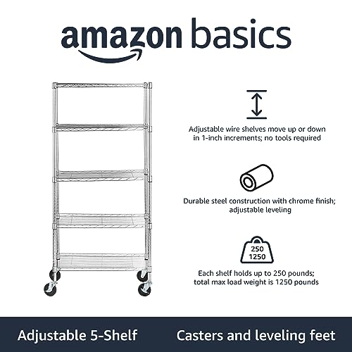 5-Shelf Adjustable Heavy Duty Storage Shelving Unit on Wheel Casters, Metal Wire Rack, Black A697