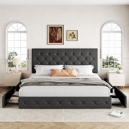 Upholstered Queen Platform Bed Frame with 4 Storage Drawers and Headboard G724955