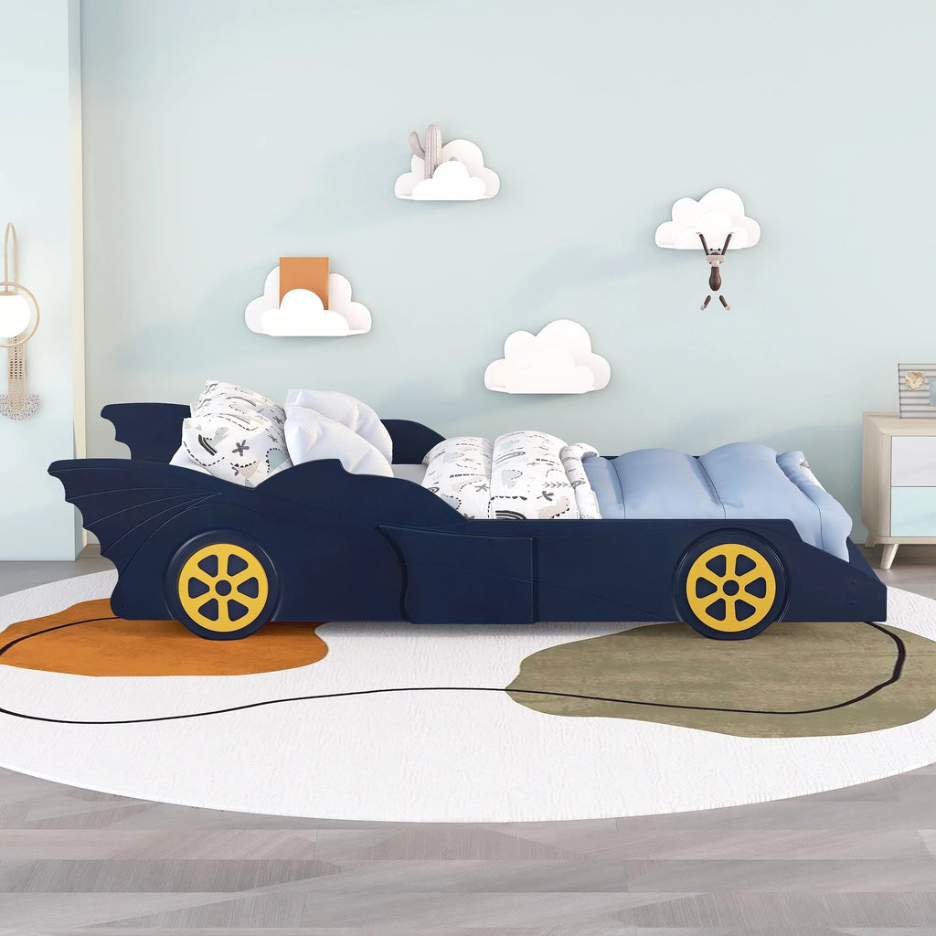 Race Car Shaped Twin Bed Frame with Wheels, Wooden Slats, No Box Spring Needed E72786