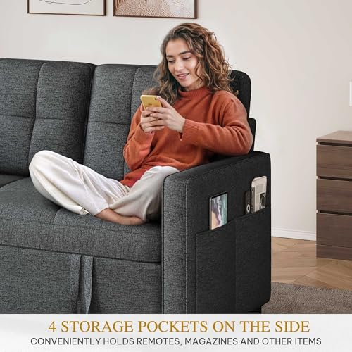Convertible Sofa Bed, 3-in-1 Sleeper with Pull-Out Bed, Linen Futon Couch H198