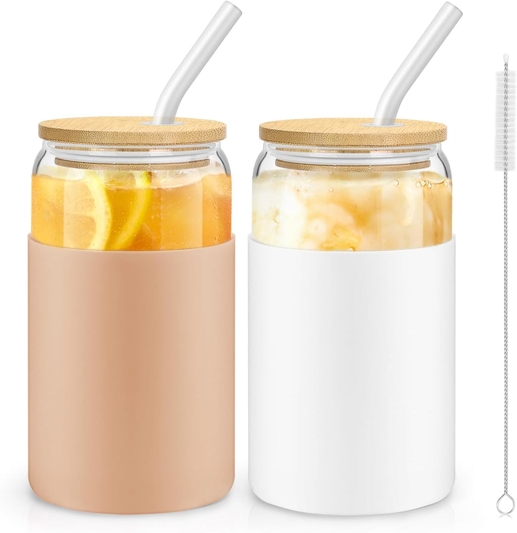 sungwoo Glass Cups with Bamboo Lids and Straws, 16OZ Ice Coffee Cup, Drinking Cup set with Wooden Lids and Silicone Sleeve, Home Essential Glass Tumblers for Beer, Tea and Latte 2 Pack