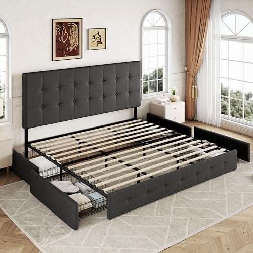 Upholstered Queen Platform Bed Frame with 4 Storage Drawers and Headboard G724955