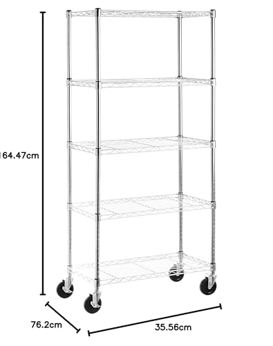 5-Shelf Adjustable Heavy Duty Storage Shelving Unit on Wheel Casters, Metal Wire Rack, Black A697