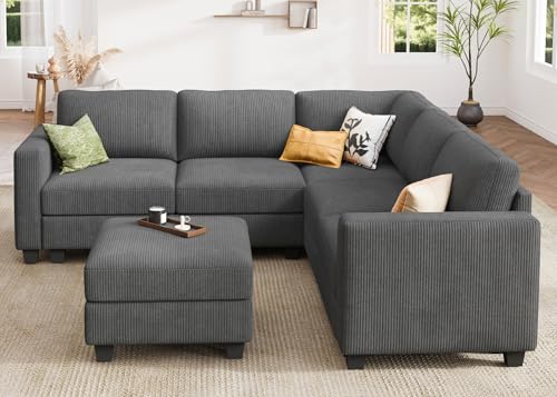 Corduroy Modular Sectional Couch with Storage, L-Shaped, 6 Seater, Dark Gray X823135