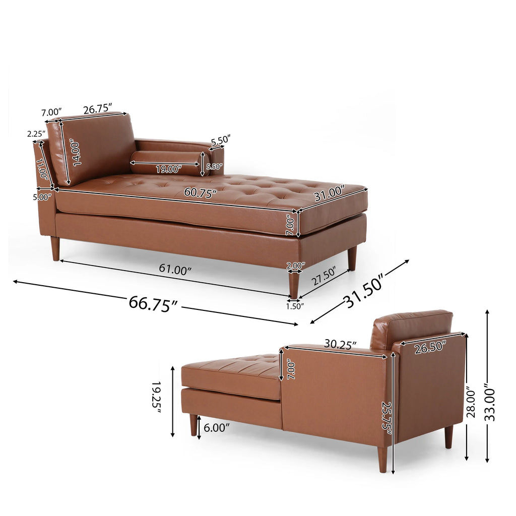 Faux Leather Tufted One Armed Chaise Lounge, Cognac Brown A74924