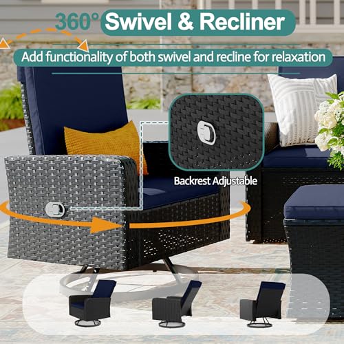 Wicker Patio Furniture Set with Swivel Recline Chairs and Storage Ottoman B707