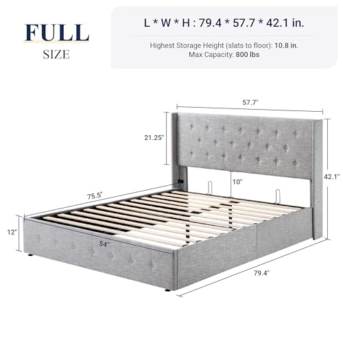 Full Size Lift Up Storage Bed with Wingback Headboard, Hydraulic Support, Light Beige P736605