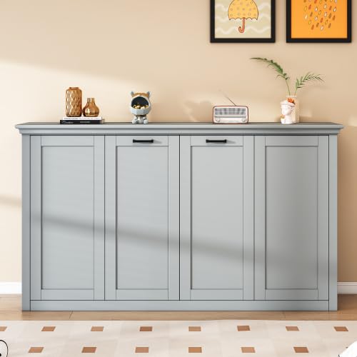 Queen Size Murphy Bed,Wall Bed Frame Folding into Cabinet Design for Small Space,Bedroom,Guest Room,Gray
