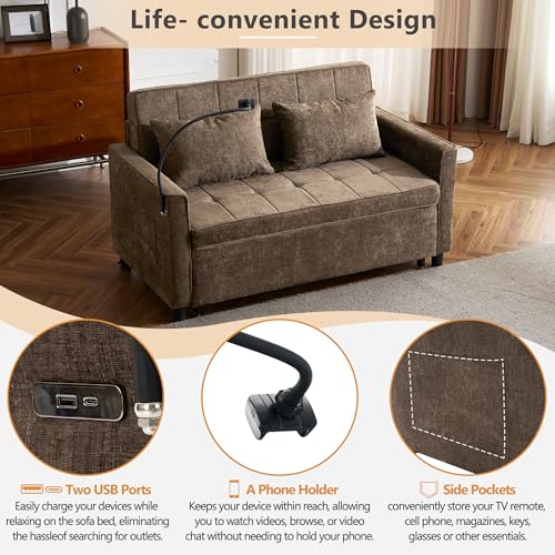 3 in 1 Convertible Sleeper Sofa Bed with USB Ports, Reversible Backrest, Brown C746