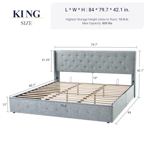 Full Size Lift Up Storage Bed with Wingback Headboard, Hydraulic Support, Light Beige P736605