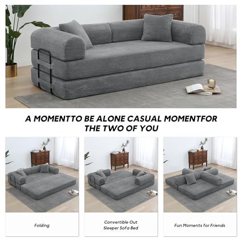 Corduroy Convertible Sleeper Sofa Bed with Pillow, Beige O72530
