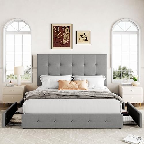 Upholstered Queen Platform Bed Frame with 4 Storage Drawers and Headboard G724955