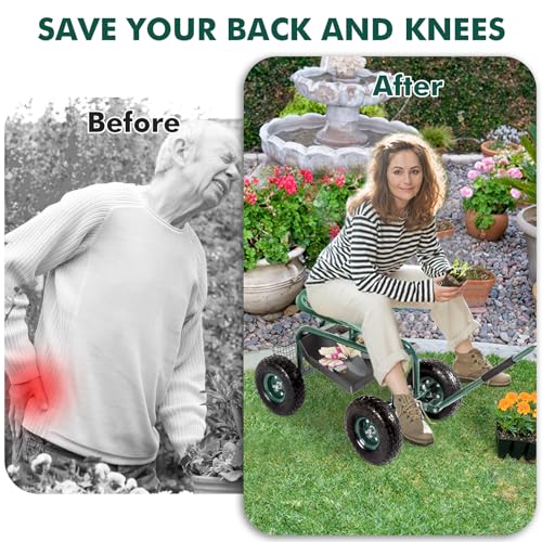 Garden Cart with Rolling Work Seat Tool Tray and Storage Basket on Wheels O137