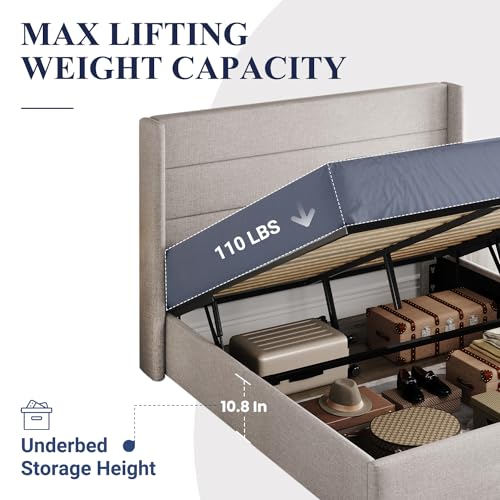 Full Size Lift Up Storage Bed with Wingback Headboard, Hydraulic Support, Light Beige P736605