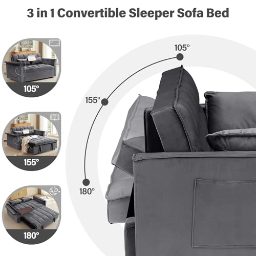 Convertible Sofa Bed, 3 in 1 Velvet Sleeper with Adjustable Backrest, Gray K13376