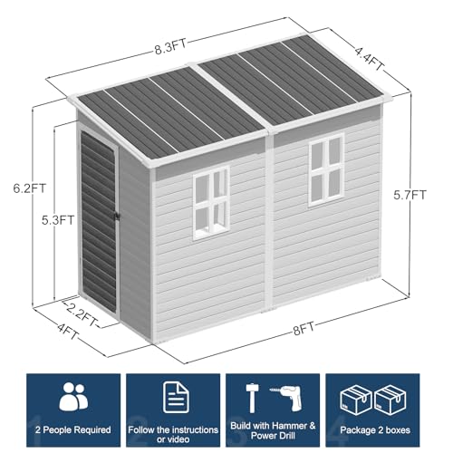 Outdoor Resin Storage Shed 8x4x6 FT with Floor, 2 Windows and Lockable Door Y450972