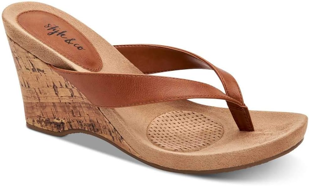 Patent Thong Wedge Sandals Brown 9 Medium S226