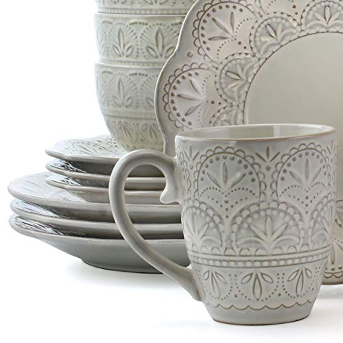 Round Embossed Stoneware Dinnerware Dish Set, 16 Piece, White R653634