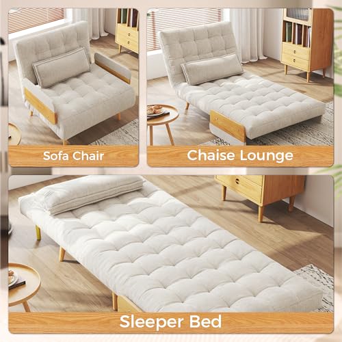 Convertible Chair Bed Sleeper for Adults, Linen with Wooden Arms & Pillows, Foldable Single Futon Sofa Bed Q683821