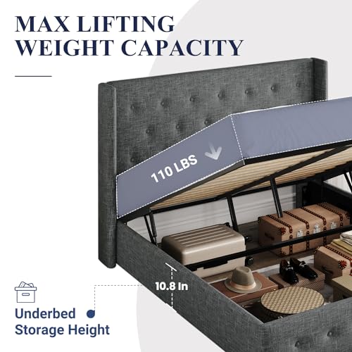 Full Size Lift Up Storage Bed with Wingback Headboard, Hydraulic Support, Light Beige P736605